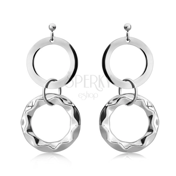 Earrings made of 316L steel, two shiny mirror-polished hoops in silver colour