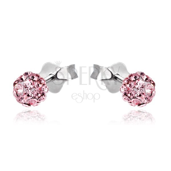 Silver stud earrings 925 - pink ball with zircons, 4 mm