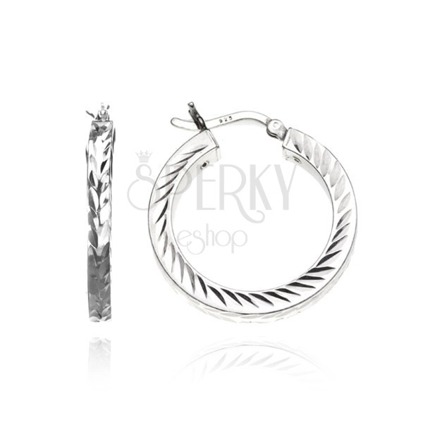 Round silver earrings 925 - edged line with leafs, 18 mm
