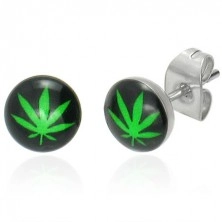 Steel earrings with picture of green cannabis leaf, studs