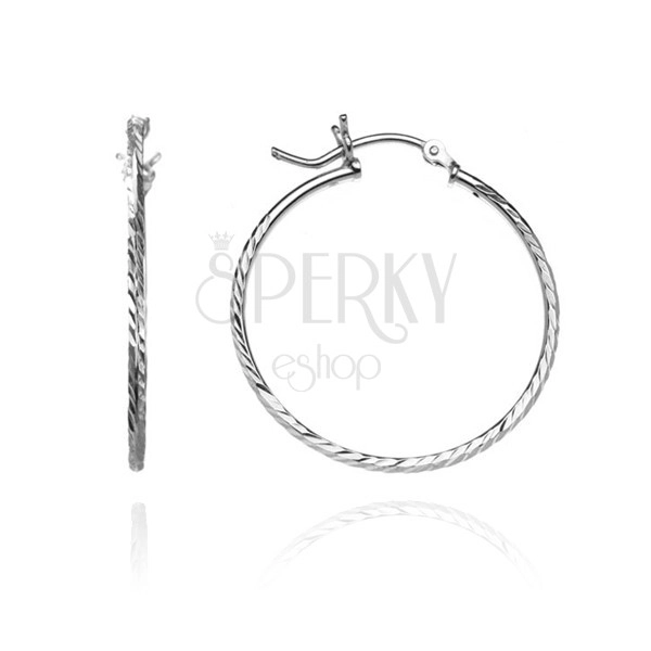 Earrings made of 925 silver - narrow hoops with engraved grains, 40 mm