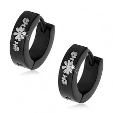 Black huggie earrings made of surgical steel with floral pattern