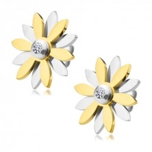Steel earrings - flower with petals in gold and silver colours and zircon