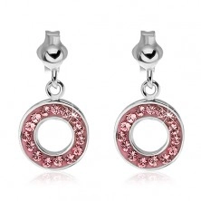 Silver stud earrings 925 - dangling circle with pink zircons