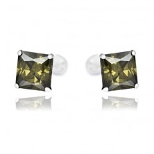 Stud earrings made of 925 silver - square dark green zircons, 7 mm