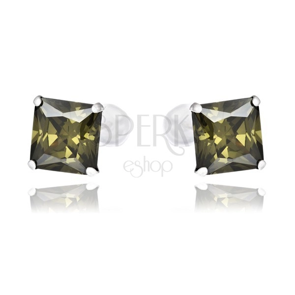 Stud earrings made of 925 silver - square dark green zircons, 7 mm