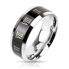 Ring made of steel - silvery with black stripe and Roman numerals