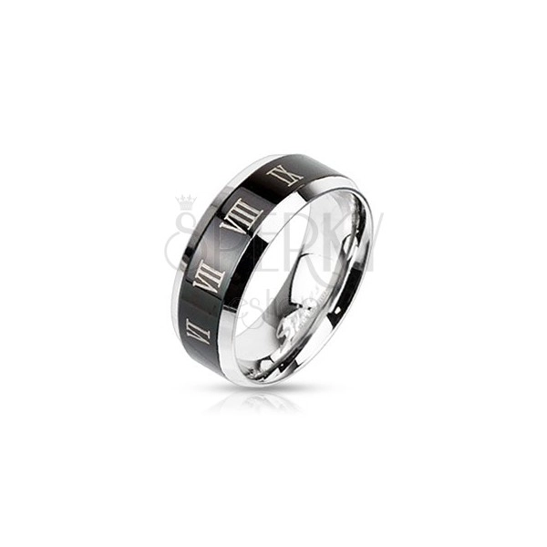Ring made of steel - silvery with black stripe and Roman numerals
