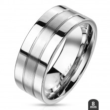 Steel ring - silvery band with two grooves, matt and shiny