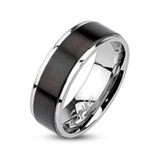 Steel ring - band with black matt stripe, 6 mm