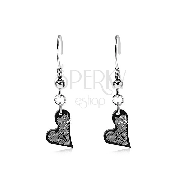 Earrings made of surgical steel, black symmetric heart with cross and prayer