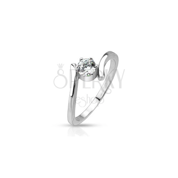 Steel ring - curved arms holding round clear zircon