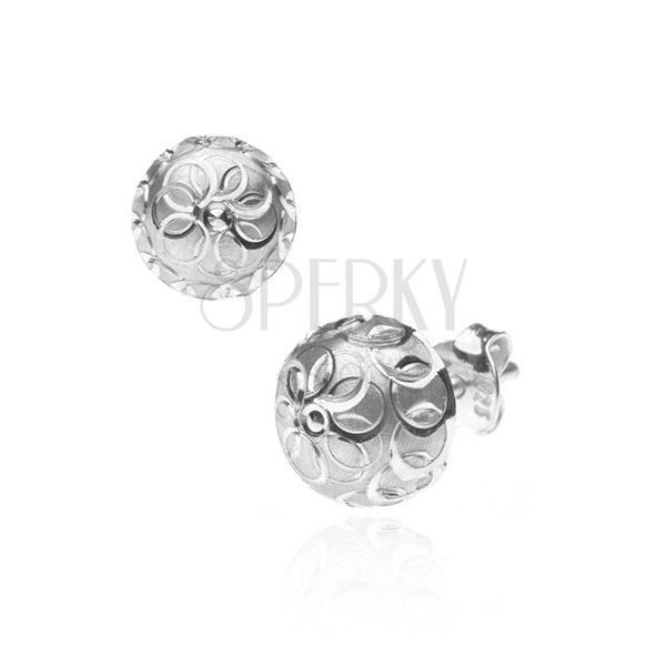 Earrings made of 925 silver - matt hemisphere with circle flower