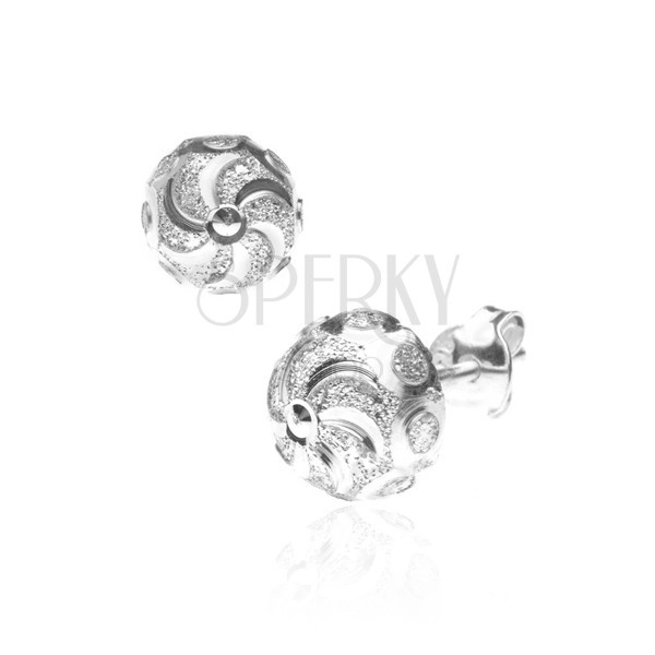 Silver stud earrings - spiral with sparkling circles