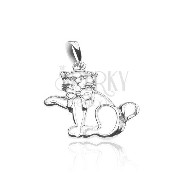 Silver pendant - silhouette of waving cat with bow-knot