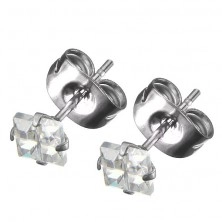 Earrings made of steel - square, zircon with cross grind, stud closure