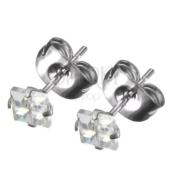 Earrings made of steel - square, zircon with cross grind, stud closure