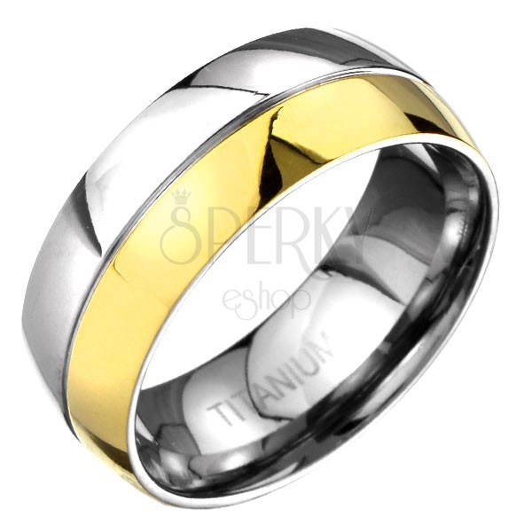 Titanium ring - gold and silver colored rounded band with dividing groove