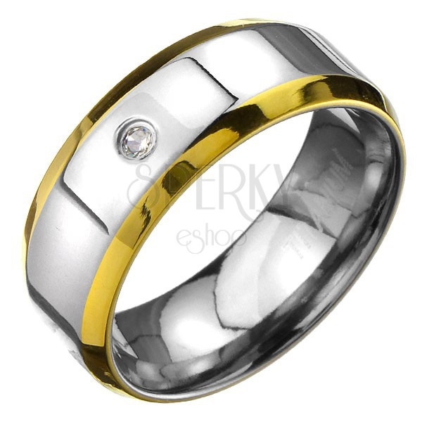 Ring made of titanium - silvery band with golden edges and zircon