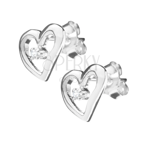 Silver earrings - irregular heart contour with zircon
