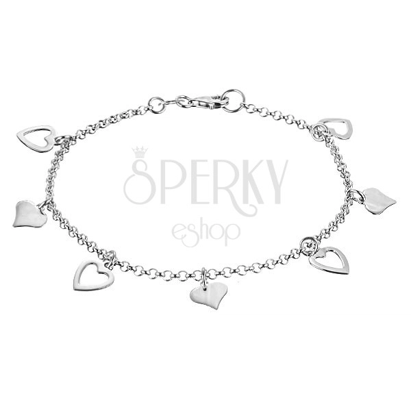 Bracelet made of 925 silver - full flat hearts and heart contours on chain