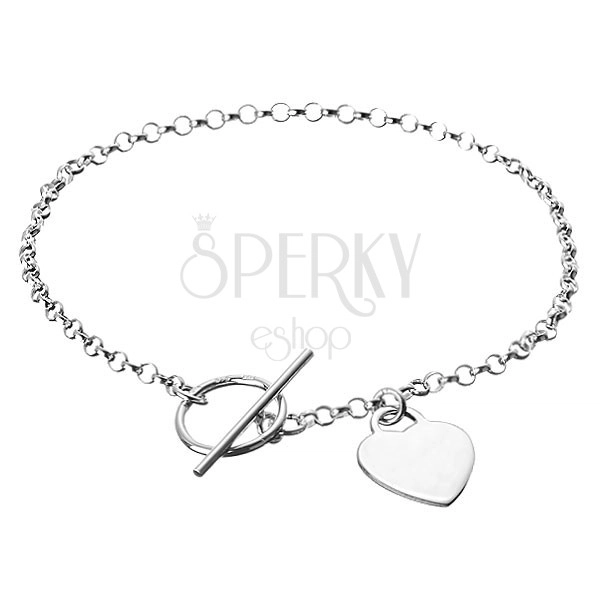 Silver bracelet - flat heart on chain, hoop and bar