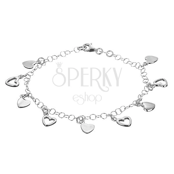 Wrist chainlet made of 925 silver - full and empty heart charms