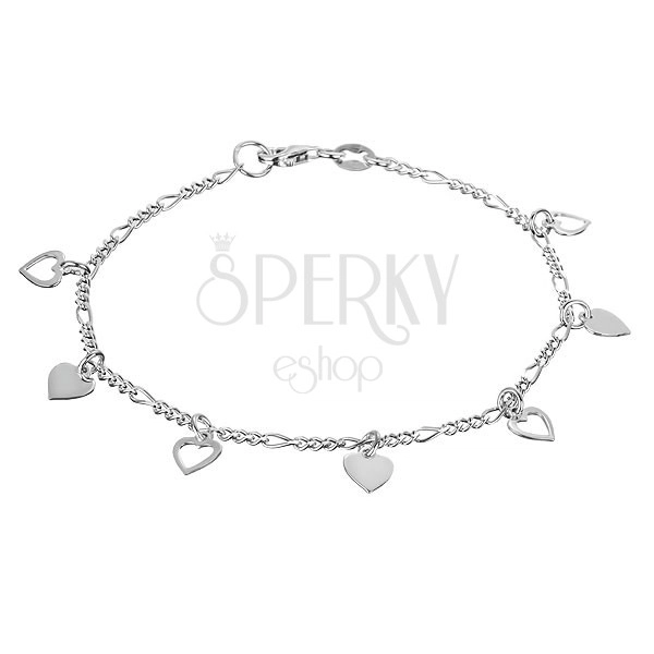 Silver wrist chainlet with full hearts and empty heart contours