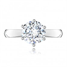 Silver engagement ring - clear zircon fastened with six pins