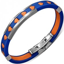 Bracelet made of rubber - blue with orange hearts and metal decorations