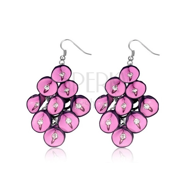 Earrings FIMO - pink anthurium flower with zircons in cluster
