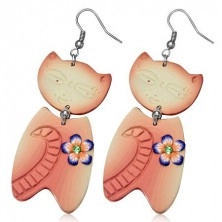 Fimo hanging earrings - little pink and yellow cat with flower