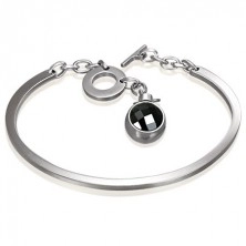 Steel bracelet in silver colour, incomplete oval with dangling black zircon