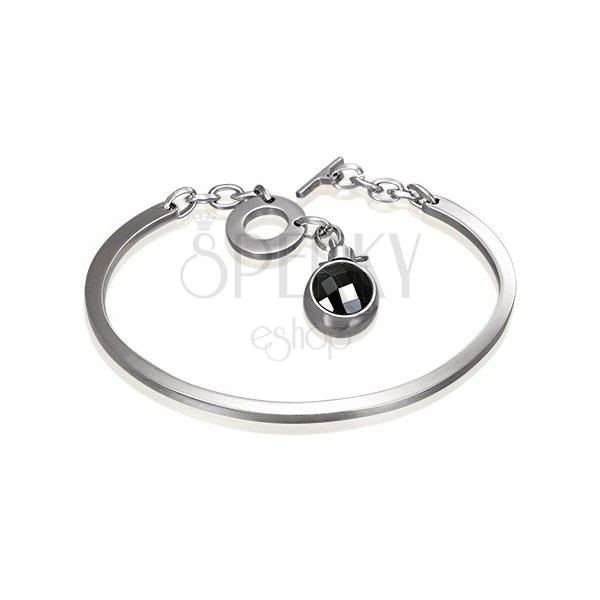 Steel bracelet in silver colour, incomplete oval with dangling black zircon