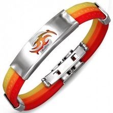 Rubber bracelet - three colorful bands, plate with tribal pattern
