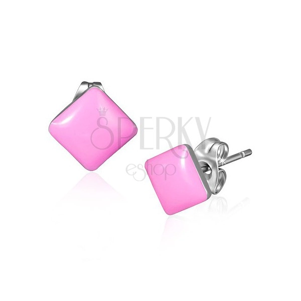 Earrings made of steel - shiny square pink stud earrings