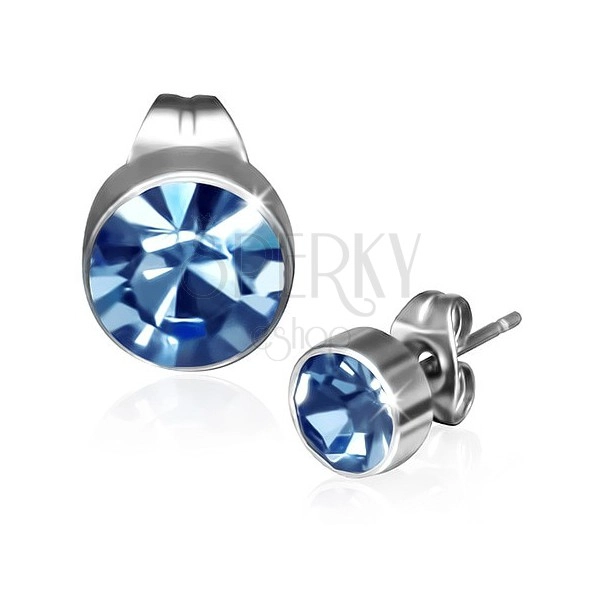 Round stud earrings - blue zircon in mount
