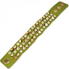 Bracelet made of leather - green with point, hemisphere and rhinestone