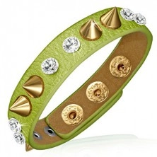 Bracelet made of leather - green stripe with rhinestones and points