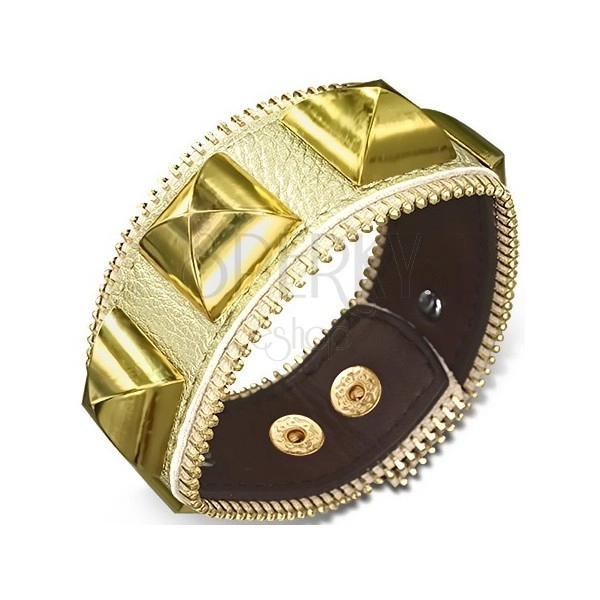 Leather bracelet - golden with golden pyramids, zipper