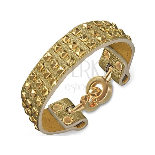 Bracelet made of leather - golden with pyramids and circular closure
