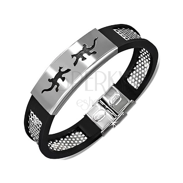 Rubber bracelet - in black color with perforated strip and lizards