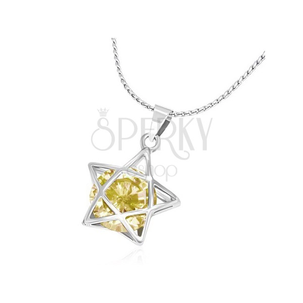 Metallic necklace - fine chain, 3D line of star with yellow zircon
