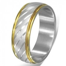 Two color steel ring - skew silvery cuts and golden border