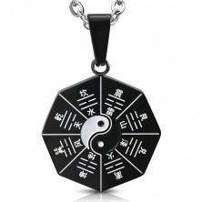 Steel pendant - black with Yin and Yang symbols and Chinese characters