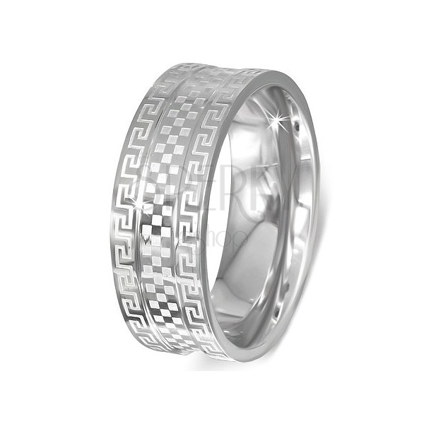 Steel ring - band with Greek key and chessboard