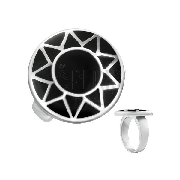 Steel ring with silvery contour of sun in black circle