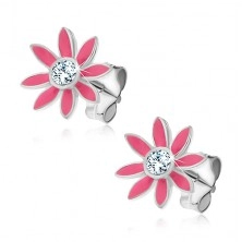 Earrings made of 925 silver- pink ox-eye daisy, zircon in middle