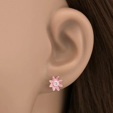 Earrings made of 925 silver- pink ox-eye daisy, zircon in middle