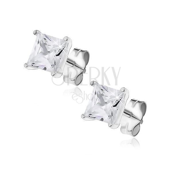 Silver earrings - sparkling square zircon with double prong